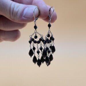 Sterling Silver Cute Black Crystal Dangle Earrings A5758